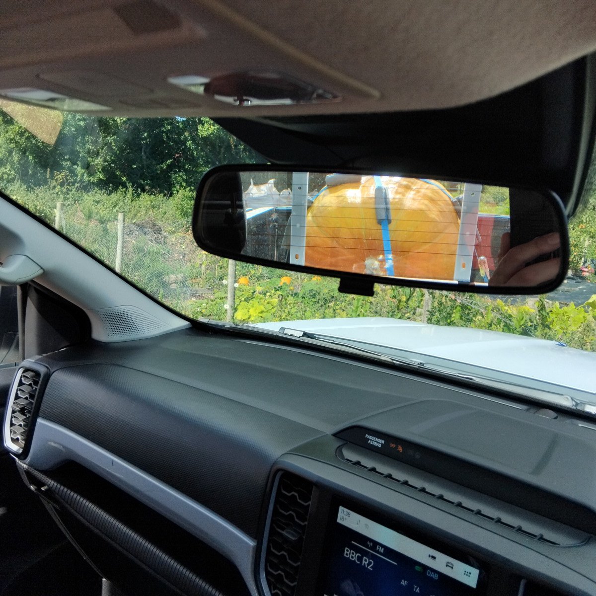 Giant pumpkin being loaded on Kendall Cars Rental Vehicle.
